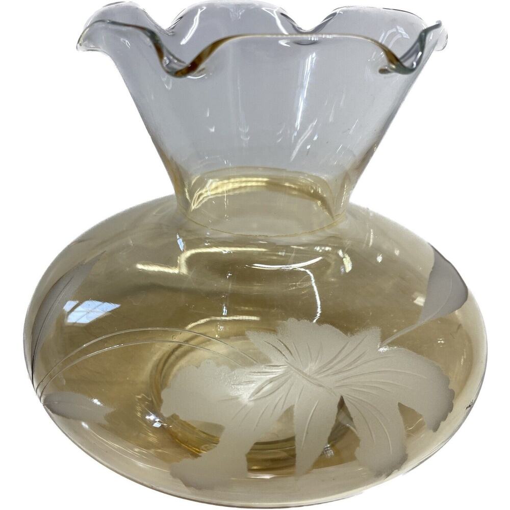 Light Amber Etched Glass Console Vase Ruffled Rim Lilies Yellow 4.75 inch